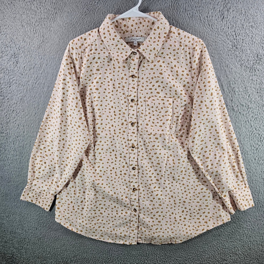 Foxcroft NYC Pink Tan Corduroy Button Down Shirt Womens 14W Relaxed Cotton Print